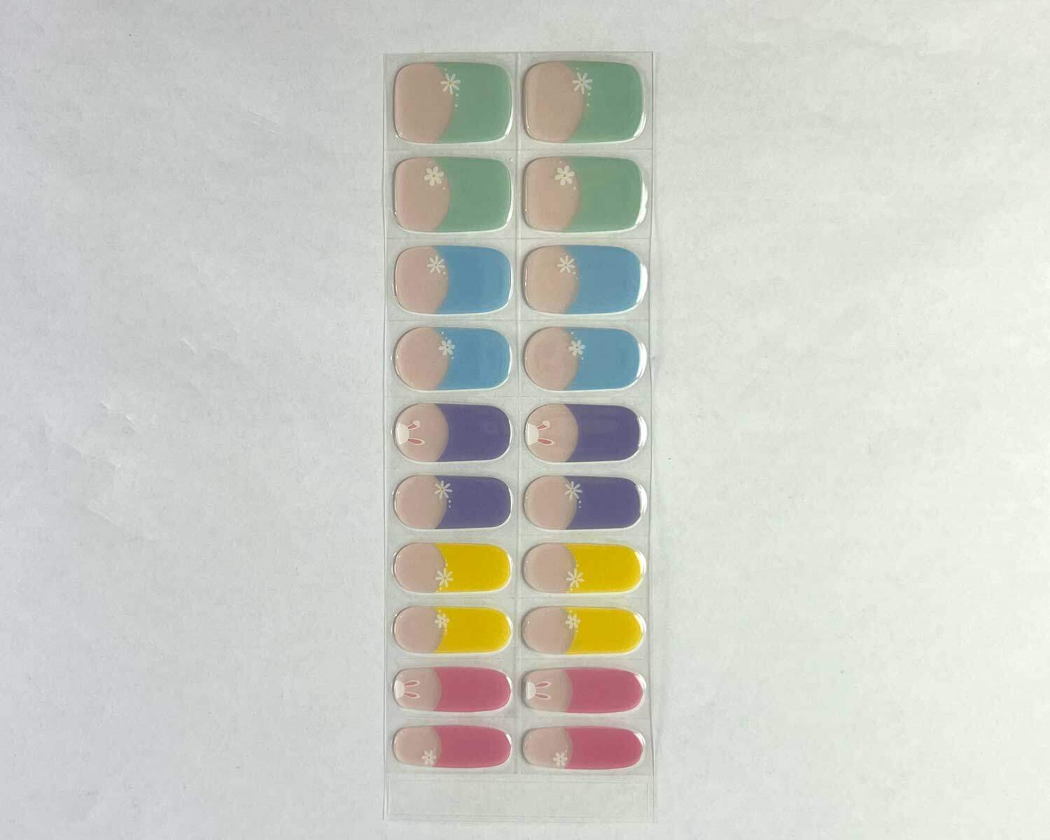 French bunny rainbow semi-cured gel nails strip showing 20 pieces with 10 different sizes on white background