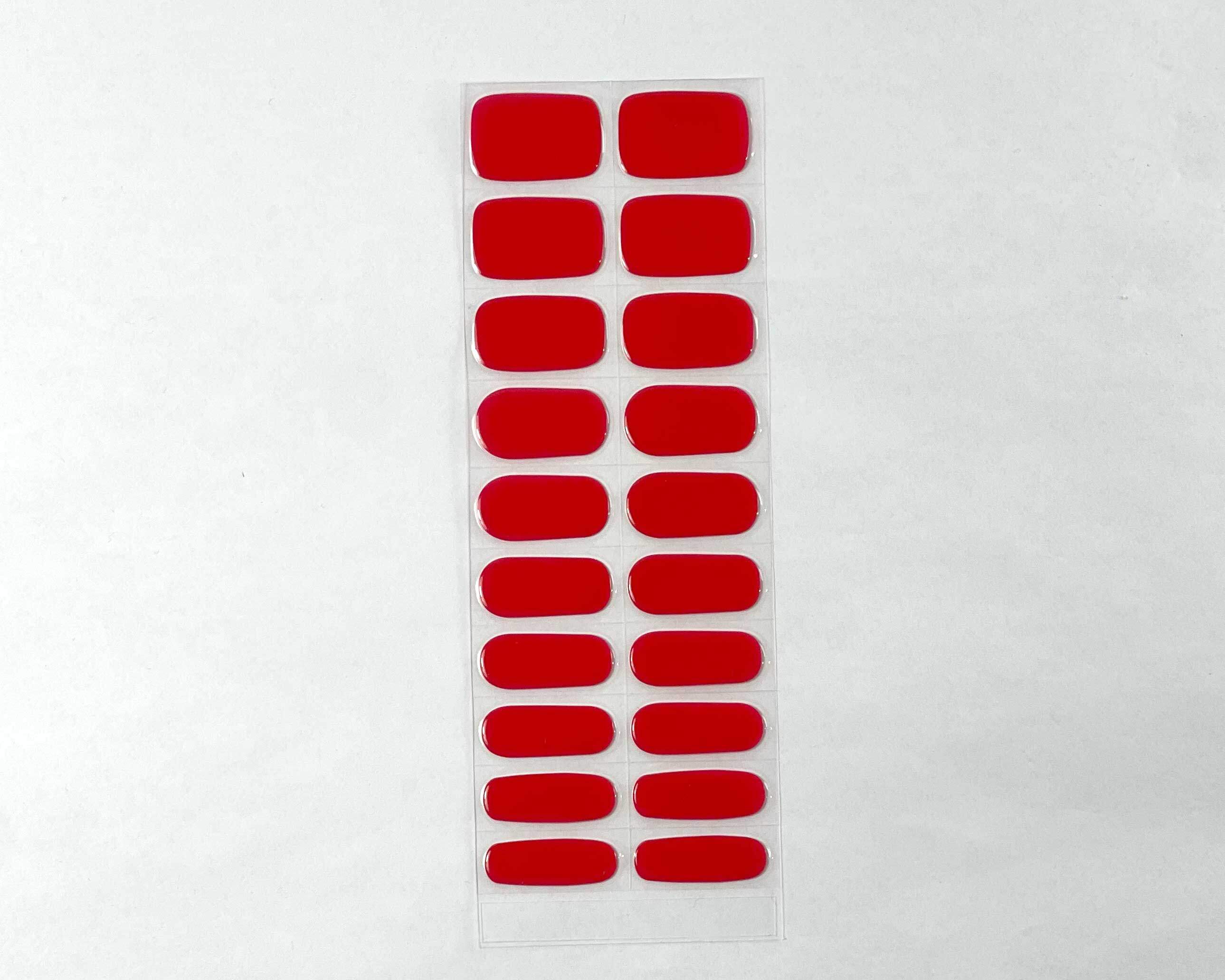 Cherry Red semi-cured gel nails strip showing 20 pieces with 10 different sizes on white background