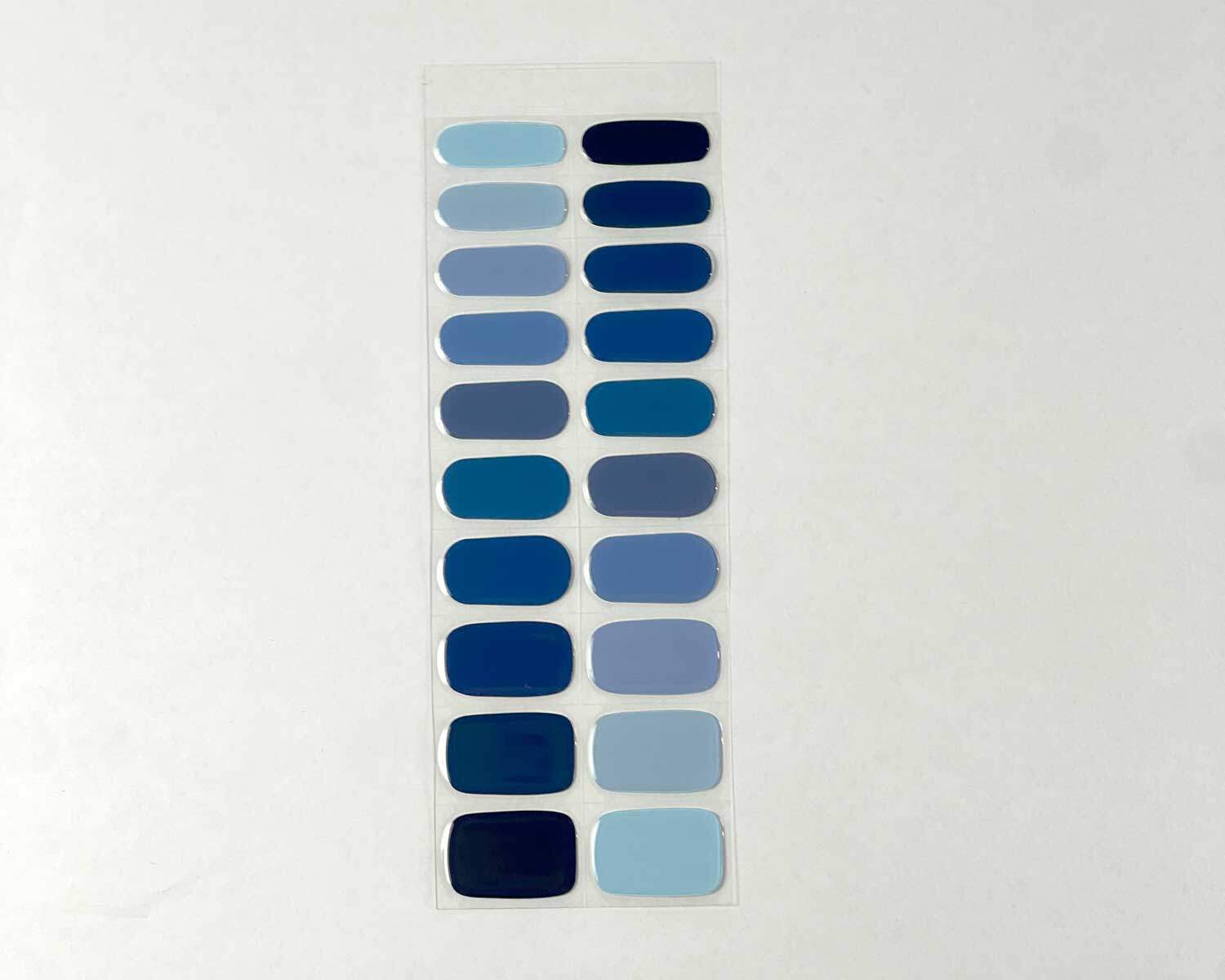 Blue Mixed semi-cured gel nails strip showing 20 pieces with 10 different sizes on white background