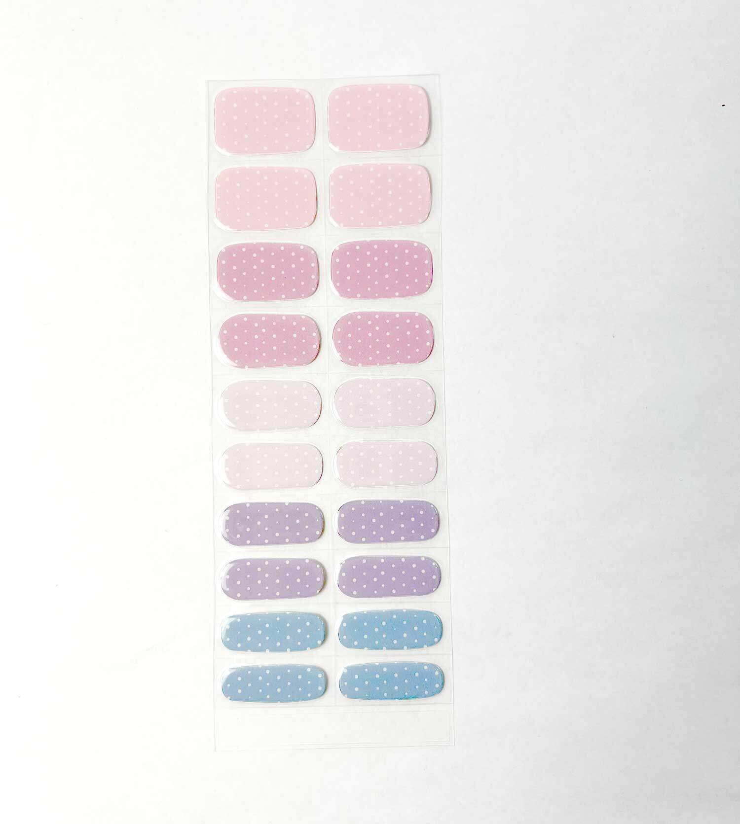 Pastel Polka Dots semi-cured gel nails strip showing 20 pieces with 10 different sizes on white background