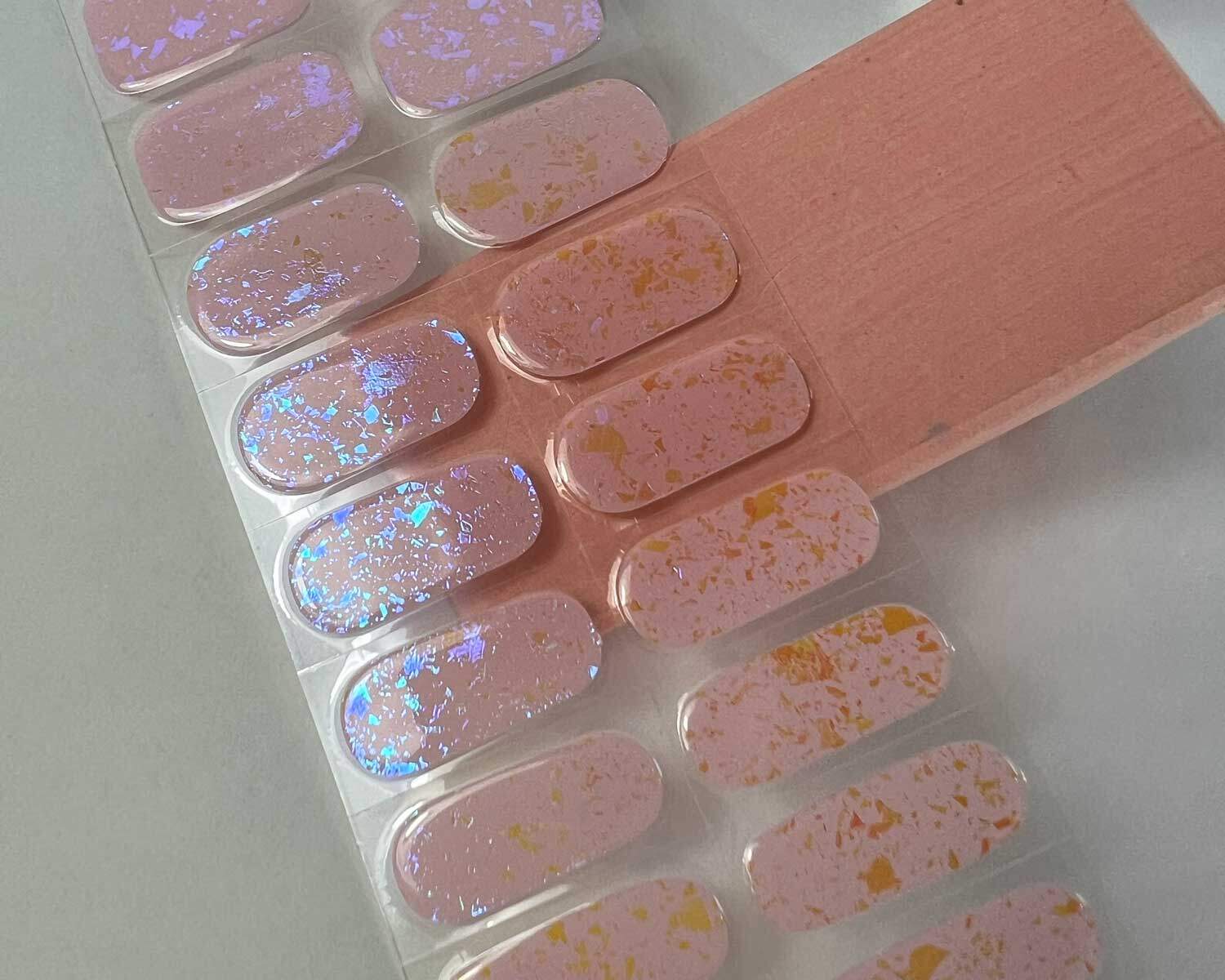 pink-speckle-semi-cured-gel-nail-angle2 Pink Speckle Orange semi-cured gel nails on angle zoomed in on white background